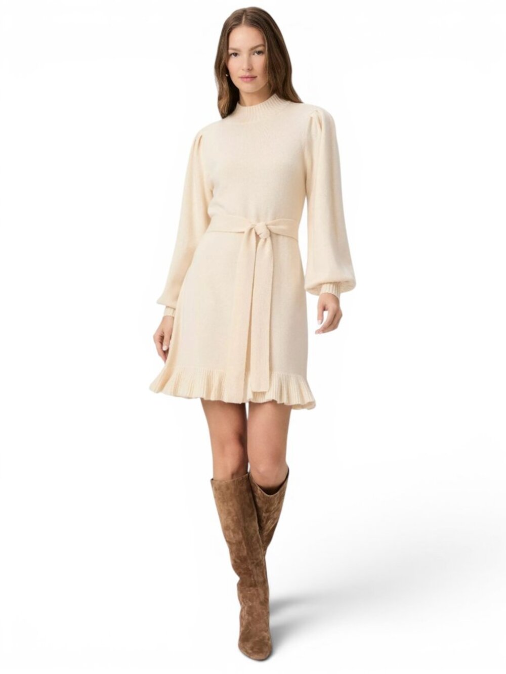 Paige Julita Long Sleeve Foam Latte Ruffle Hem Wool Blend Sweater Dress NWT L